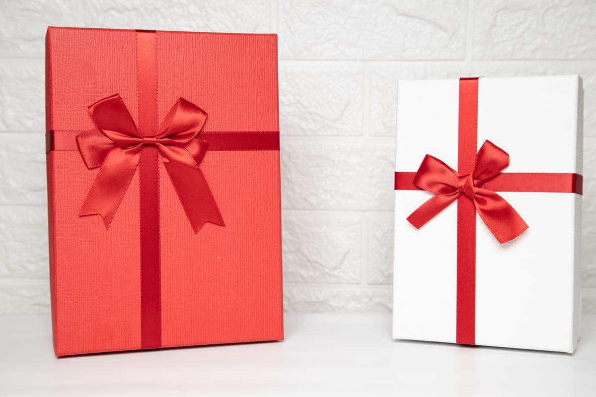 Two gift boxes tied with red ribbon on a white background